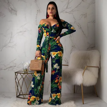 

Richietrade Slash Neck Sashes Jumpsuit Wide Leg Boot Cut Bodysuits Sexy Print Women Jumpsuits