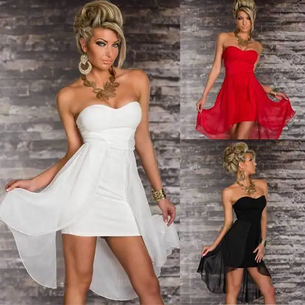 

High Low Chiffon Dress - Sexy Strapless Mullet Wrap Chest Hi-Low Train Party Clubwear Dresses for Women