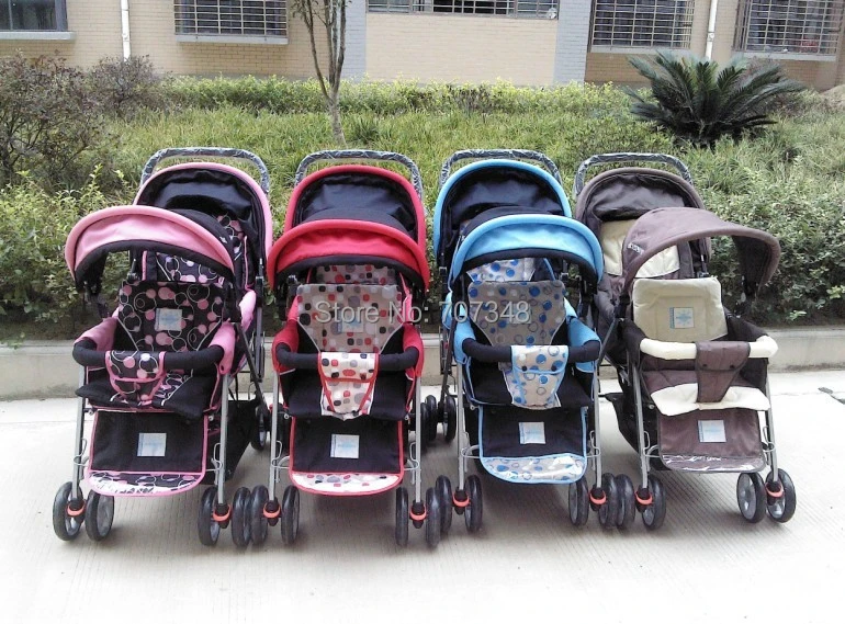 pink and blue double pram