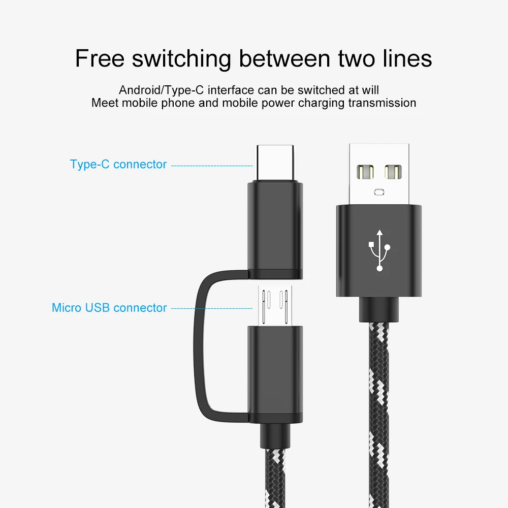 2 in 1 USB Cable Type C Fast Phone Charging Cable For Samsung S8 S9 Micro USB Dual Charging USB C Charge Cable For Redmi note 7