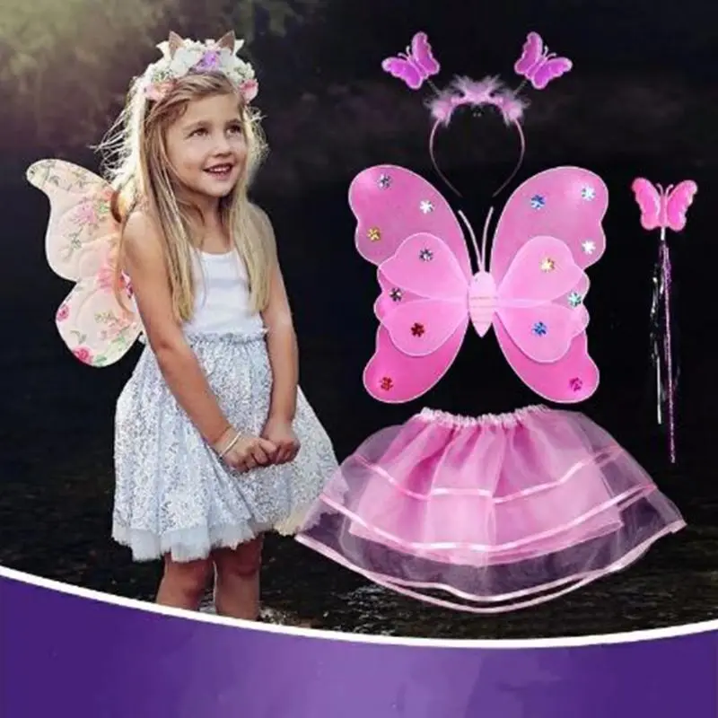 

4Pcs Girl LED Double Layer Butterfly Wings Set Irregular Tiered Mesh Tutu Skirt Fairy Wand Headband Princess Party Costume 2-8T
