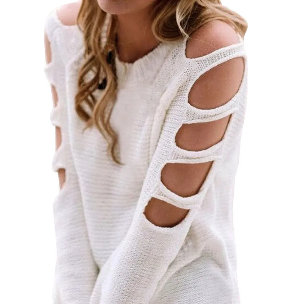 

2019 new Female Reversible Hollow Out Knitted Sweater Pullover Long Sleeve Cold Shoulder Autumn spring Jumper Tops Pull Femme