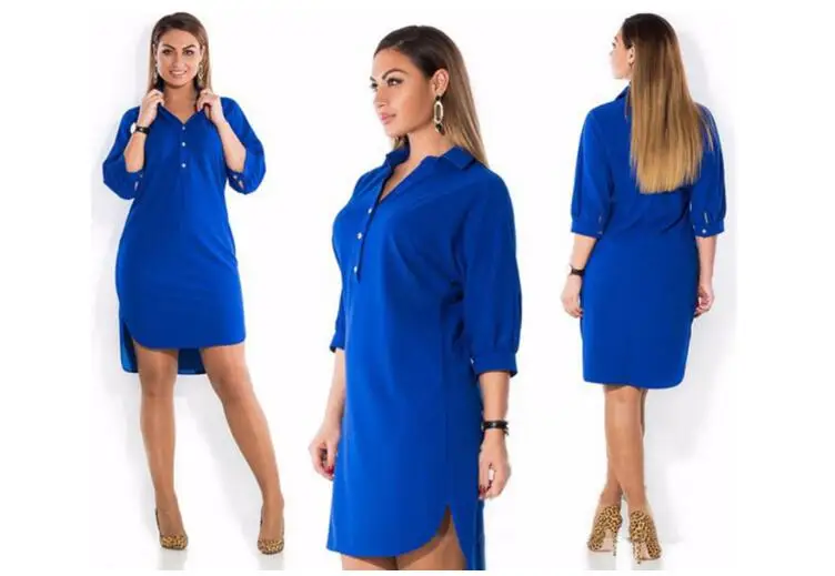 Женское платье-рубашка Летняя Сексуальная туника Топ повседневные пуговицы с длинным рукавом Мини платья Mujer длинная рубашка плюс размер 6XL - Цвет: Синий