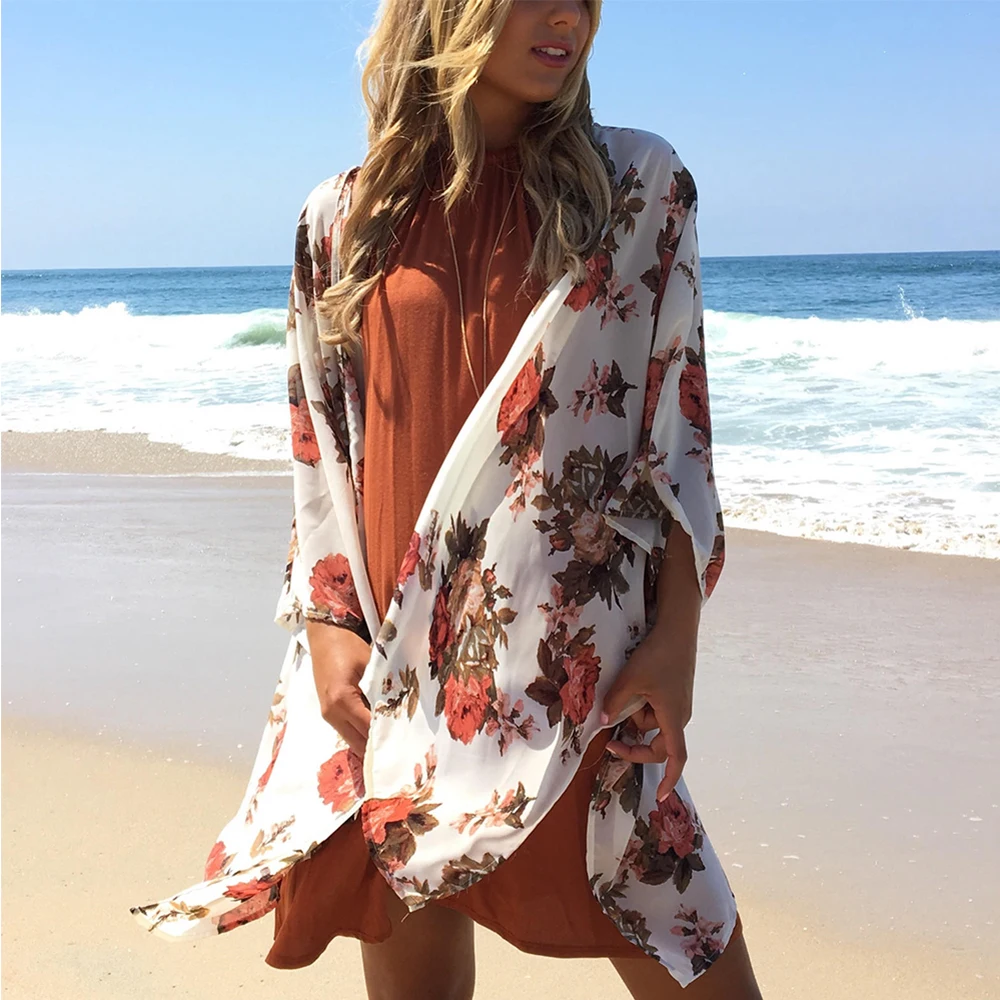 

New 2018 Female Fashion Casual Long Sleeve Flower Printing Chiffon Kimono Beach Cover Up Sheer Ladies Cardigan Hot Sale S-XL