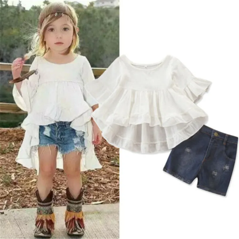 

Newborn Cute Baby Girls Clothes Set Cotton Solid White Shirt Girls Toddler Kids Short Sleeve Tops Child Shorts Jeans Girls Set
