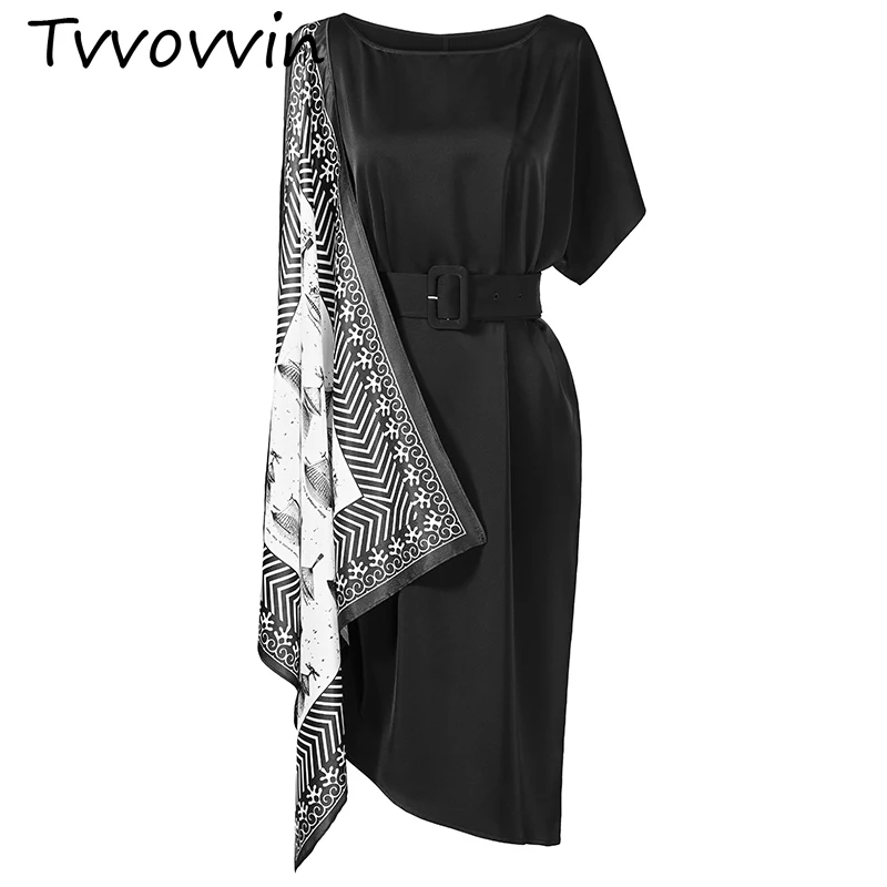 

TVVOVVIN 2019 New Spring Summer Round Neck Short Sleeve Black Pattern Printed Irregular Loose Dress Women Fashion Tide V513