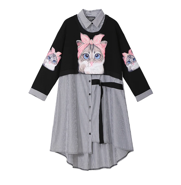 Новинка, женское осенне-зимнее платье-рубашка Kawaii с рисунком кота, с длинным рукавом, повседневное милое платье средней длины, женский стиль 3936