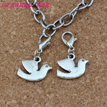 

100Pcs/lots Zinc alloy Peace Dove Bird Charms Bead with Lobster clasp Fit Charm Bracelet DIY Jewelry 17x27.5mm A-250b