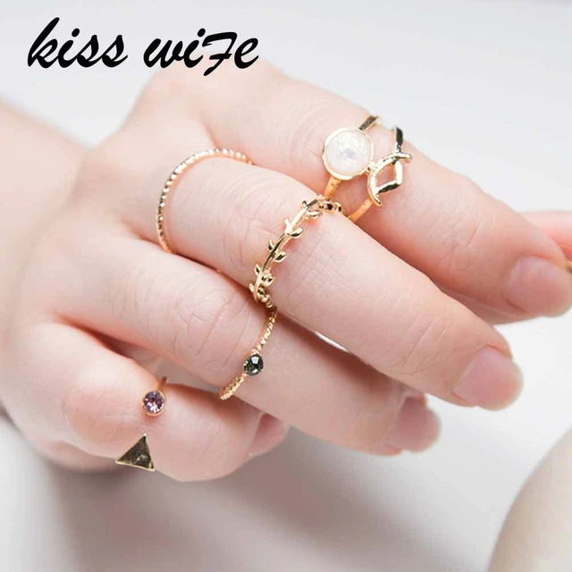 KISSWIFE 5PCS /Set Ring Charm Pink Crystal artificial Stone Geometric Triangular KISSWIFE 5PCS /Set Ring Charm Pink Crystal artificial Stone Geometric Triangular