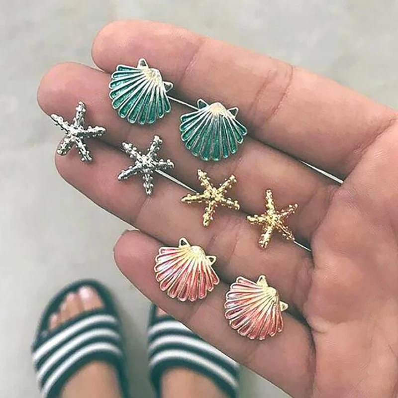 4 Pairs/Set Starfish Shell Multicolored Stud Earrings for Women Wedding Bohemian Summer Beach Boucle D'oreille Jewelry 2E034 | Украшения