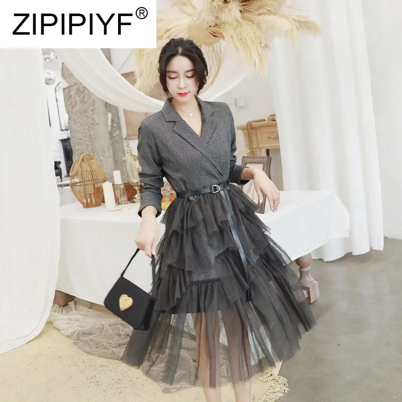 Autumn Patchwork Cascading Ruffle A-Line Dresses Turn-down Collar Long Sleeve Women Dress Elegant Lady Bandage Sexy Party | Женская