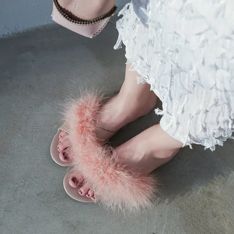

New Furry Slippers Women Comfortable sheepskin Summer Shoes Woman Leather Flat Sandals Black Pink Apricot
