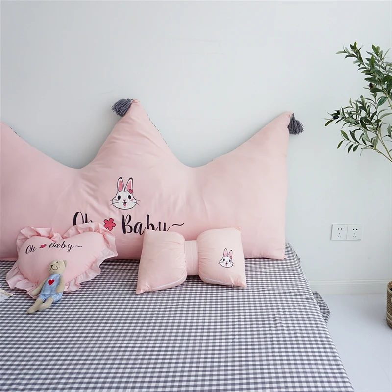 Розовый белый мультфильм кролик вышивка кисточки Корона супер мягкий промытый хлопок Большая спинка кровать подушка Маленькая подушка украшение кровати