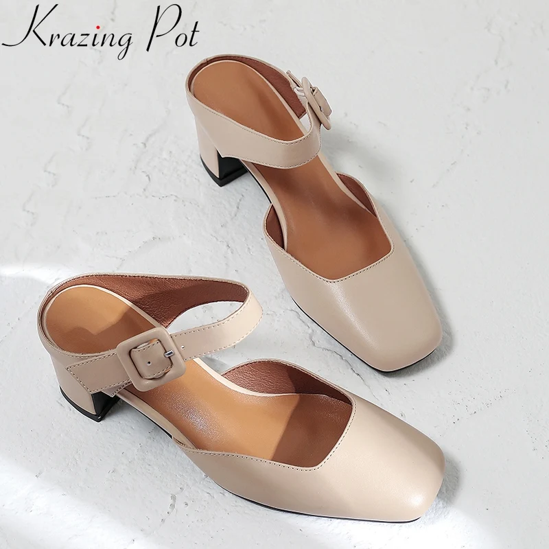 

Krazing Pot 2019 superstar cow leather square toe slingback women sandals buckle strap high heels solid summer wedding shoes L11
