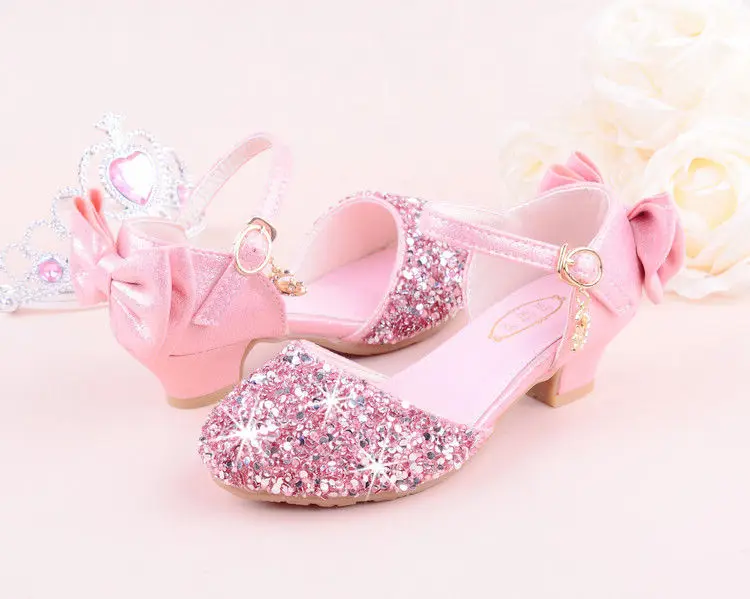 Girls sandals high heels spring and summer rhinestones bow princess Performance /wedding crystal single shoes shiny silver