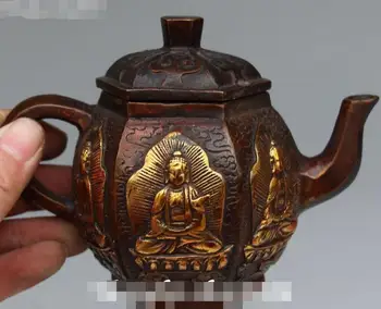 

Tibetan Bronze Gilt Carving Shakyamuni Amitabha Buddha Wine Tea Pot Pots Flagon