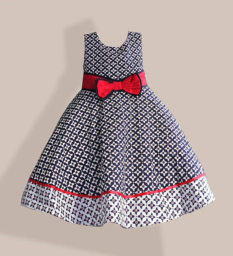 

6-10T Fashion Girl Dress Blue Floral Print Big Red Bow children dress for party and wedding girls clothes vetement fille