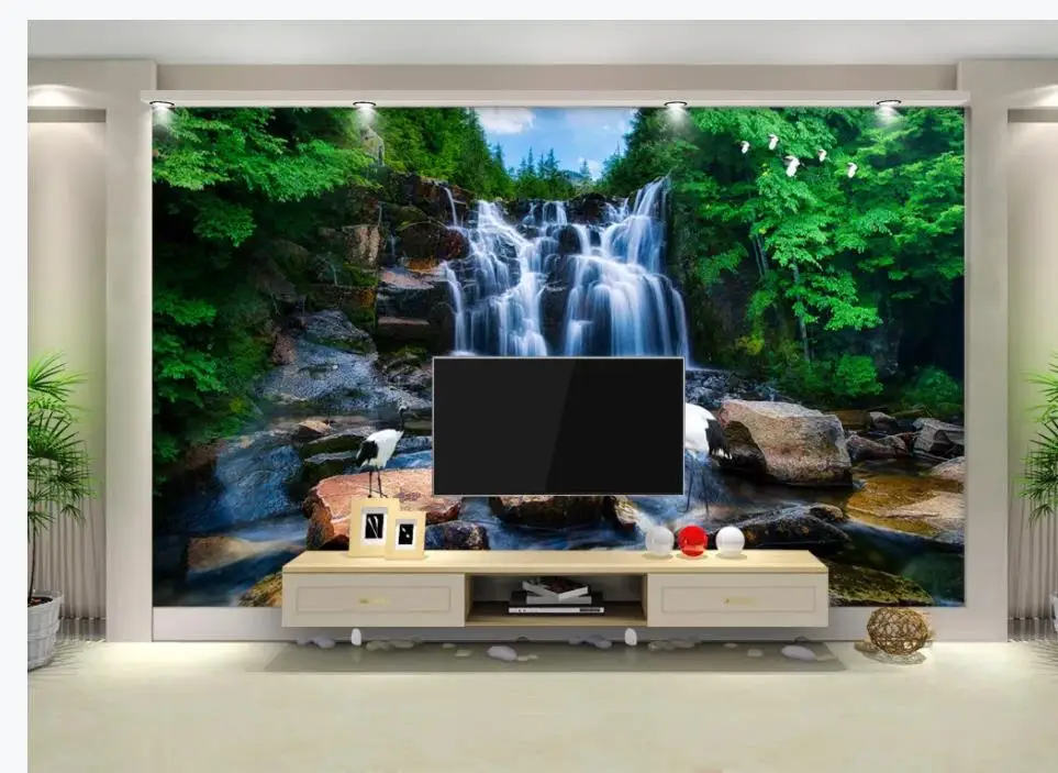 Горный водопад струящаяся вода 3D фотообои пейзаж фон стены Современная гостиная