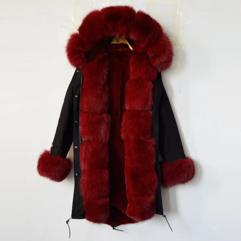 Best Price New fashion arrival 2016 black jacket snake beading long red faux fur lining women coat