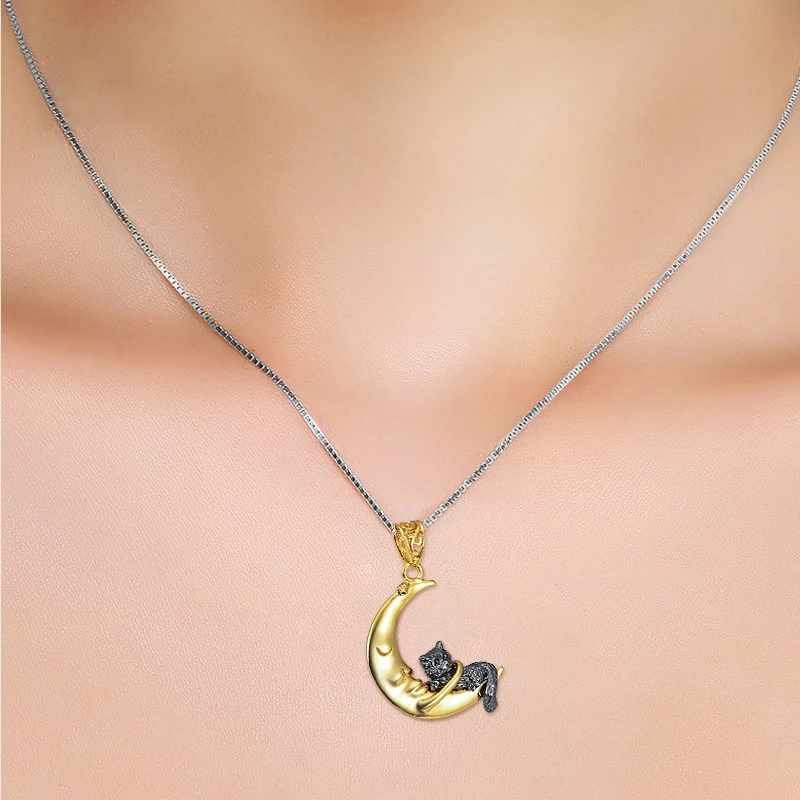 925-Sterling-Silver-Charming-Necklaces-Gold-Color-Moon-Little-Cat-Luxury-Classic-Women-Necklace-Christmas-Gift