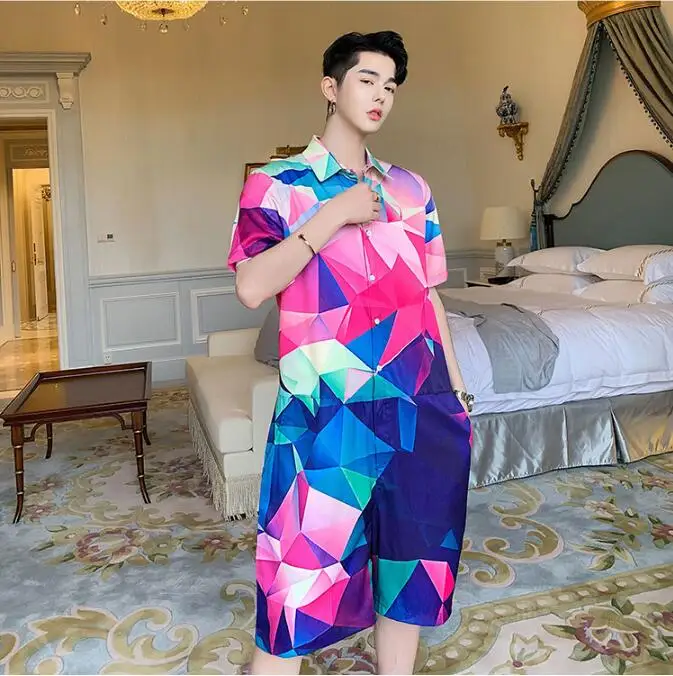 M-xxxl! Летняя мужская Свободная рубашка с короткими рукавами и геометрическим рисунком, повседневный комбинезон