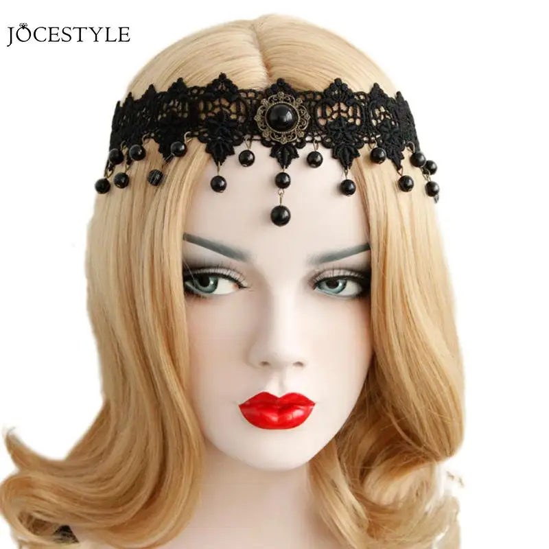

Women Elastic Headband Crown Black Flower Lace Chain Faux Pearl Drop Tassel Stone Halloween Party Bridal Hair Bands