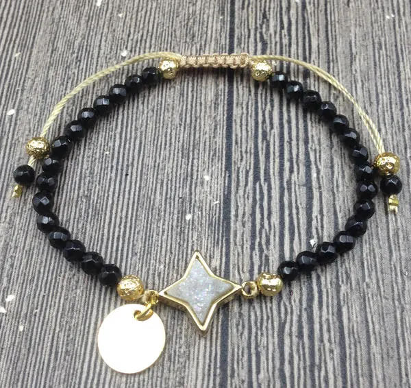 

YA3051 Druzy Stone Gold Charm Black Agates Beads Knot Cord Adjustable Bracelet