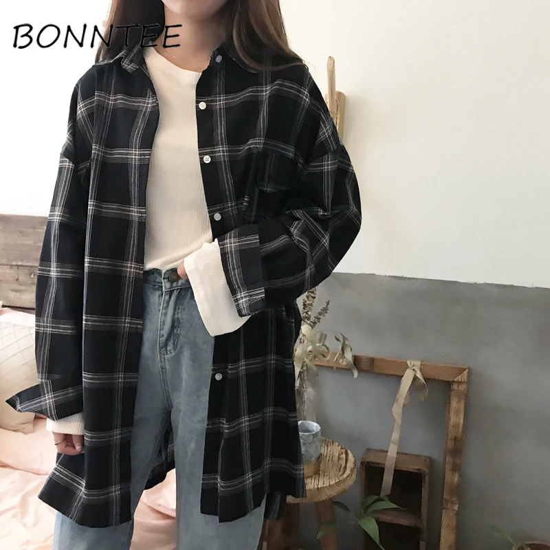 Online Mujeres nuevas Camisas Casual Plaid all match suelta de manga larga estudiantes diario BF Ulzzang Single Breasted Womens estilo coreano Harajuku
