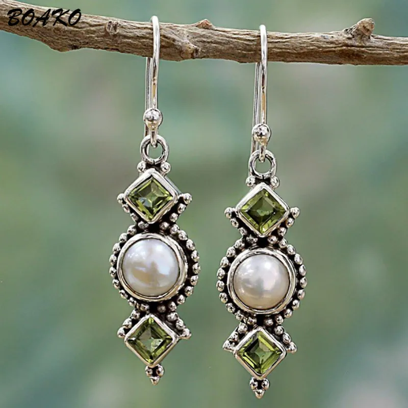 

BOAKO Vintage Imitation Pearl Dangle Earrings Green Zircon Silver Earring For Women Wedding Jewelry Statement Earring Brincos