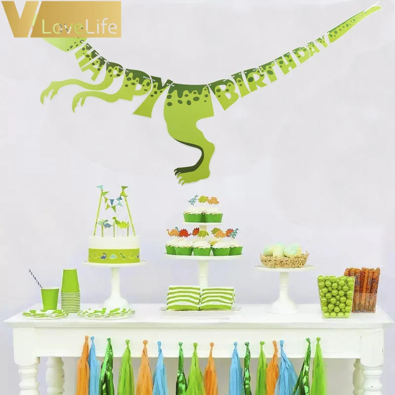 

1Pc Green Banner Dinosaur Birthday Party Decoration Cartoon Colorful Flag Pull Flower Children's Room Kindergarten Class