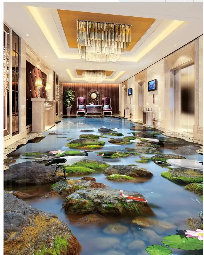 3d Flooring Sea Landscape Stone Crane Lotus 3d Floor 3d Bathroom