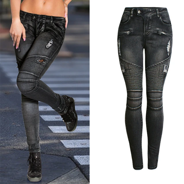 LOGAMI Motorcycle Biker Zip Jeans Woman Stretch Denim Skinny Pants