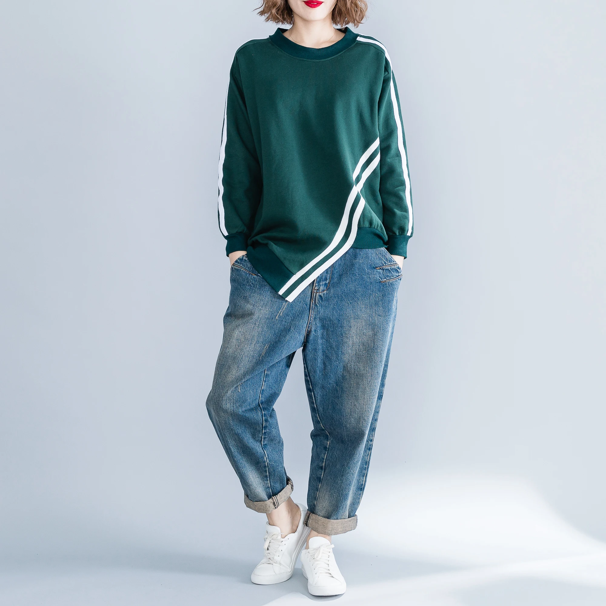 

Spring Autumn New Women Fashion Elegant Striped Patchwork Tops Ladies Female Large Big Size Cotton Loose Hoodies Sweatshirt