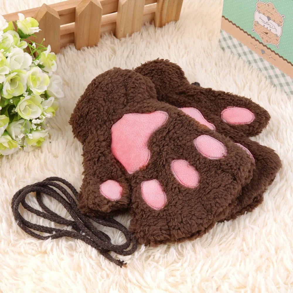 

Winter Girls Warmth Fingerless Plush Gloves Fluffy Cute Bear Claw Cat Animal Paw Soft Warm Lovely Half Finger Covered Gloves