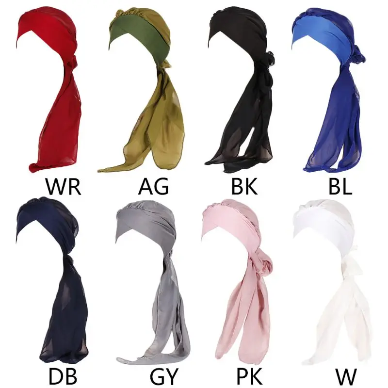 Женский мусульманский Эластичный Тюрбан шифон длинный хвост рябь Шляпа Сплошной Цвет головной платок обертывание лоб крест полоса Рак шапка Хемо