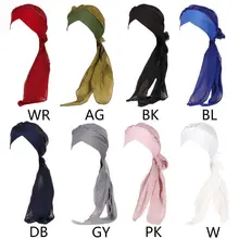 Женский мусульманский Эластичный Тюрбан шифон длинный хвост рябь Шляпа Сплошной Цвет головной платок обертывание лоб крест полоса Рак шапка Хемо