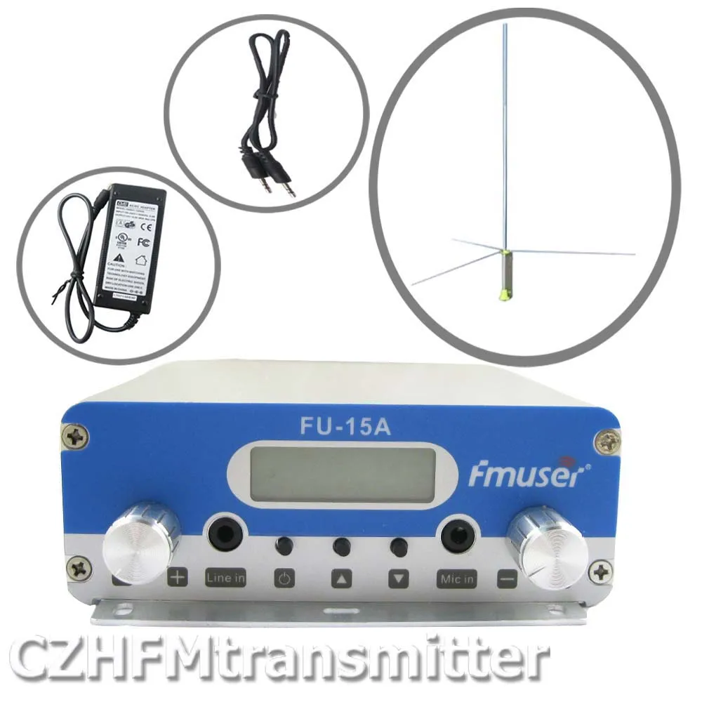 

FMUSER FU-15A V1.0 FM stereo PLL broadcast transmitter+1/2wave gp antenna+power adapter+ audio cable 87.5-108MHZ FU-15Amain