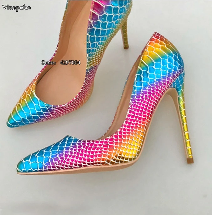 New Pointed Toe Shoes Women Colorful Rainbow Snake Printed Pumps 8/10/12cm High Heels Genuine Leather Stilettos Women Shoes