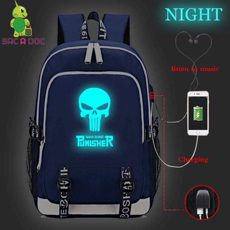 

Punisher Moon Luminous Backpack Women Men Mochila Travel Rucksack College Students School Bags Plecaki Szkolne USB Charging