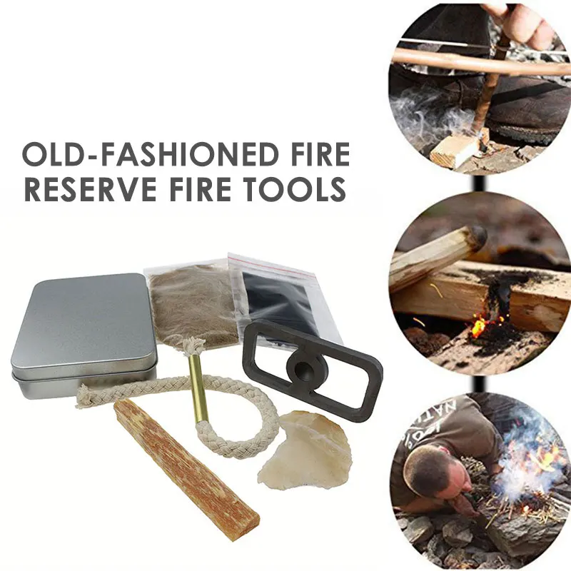 

Flint Stone Primitive Fire Starter Tool Outdoor Survival Tools Kit 7pcs Silver Durable Hike