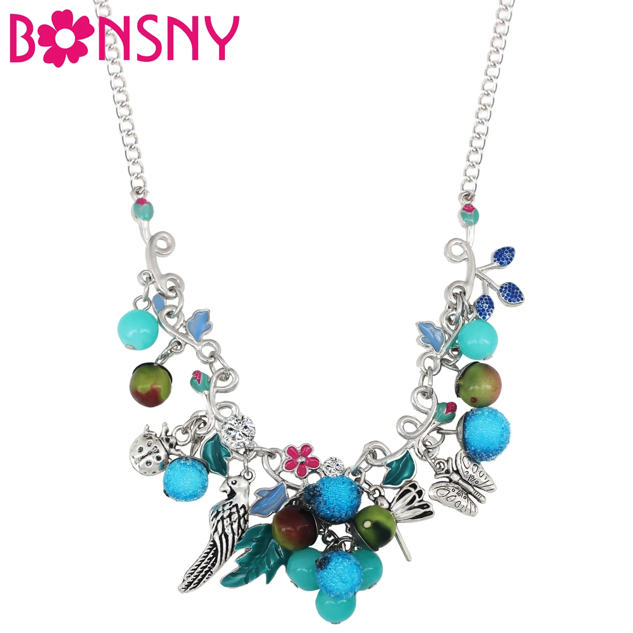 

Bonsny Original Enamel Alloy Bird Butterfly Fruit Necklace Chain Choker Pendant Novelty Jewelry For Women Girls Decoration Gift