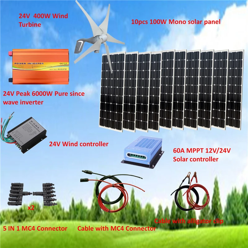 1400 Вт комплект гибридной системы: 400 Вт Генератор ветровой турбины и 10*100 Вт моно солнечная панель+ пик 6000 Вт чистый с волнового инвертора+ аксессуары