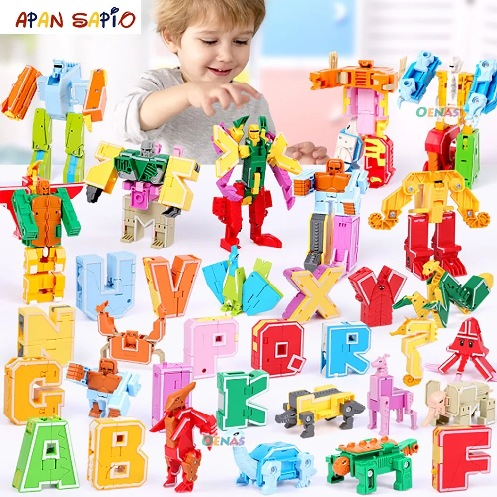 

26PCS Transformation Robot Assembling Building Blocks English word Educational Action Figure Deformation Robot Toys for Children