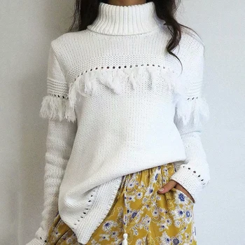 

Sweaters Female Autumn Winter Turtleneck Pullover Jumper White Tassel Split Hole Clothing For Ladies White Women Autumn Sweater