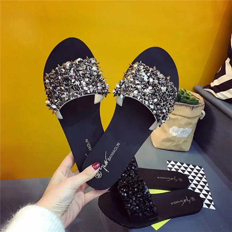 

Woman Sandals Women Shoes Rhinestones Crystal Flat Heels Sandals Summer Flips Flops Beach Women Shoes Sandalia Feminina #40