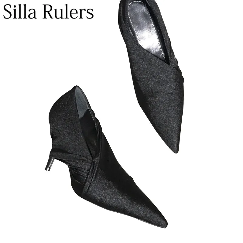 

Silla Rulers 2019 spring sexy ladies pointed toe high heel pumps stretch fabric shallow slip on women shoes runway shoes women