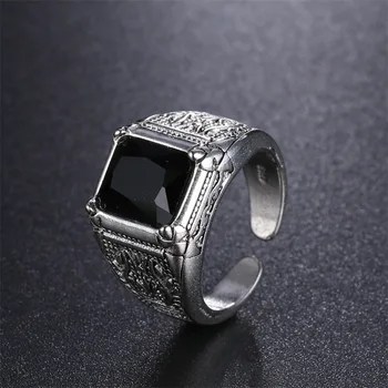 High Quality Black Crystal Retro Flower 925 Sterling Silver Men`s Wedding Rings Jewelry For Man Open Finger Ring No Fade Cheap
