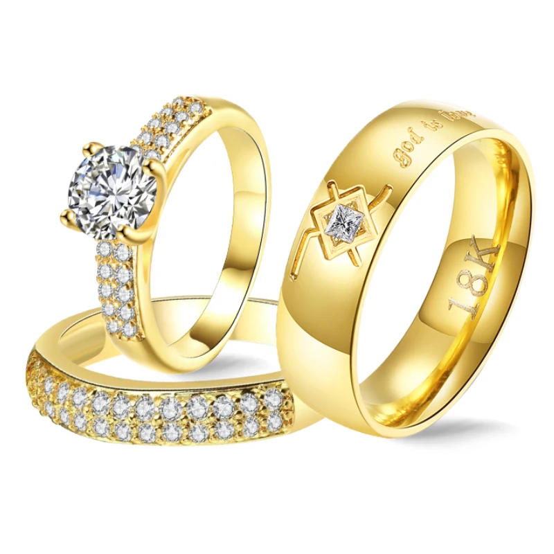 

Gold Luxury Rings Couple 2Pcs Crystal CZ Stone Rings Set for Girl Stainless Steel Antique Promise Ring Bands Godly Jewels