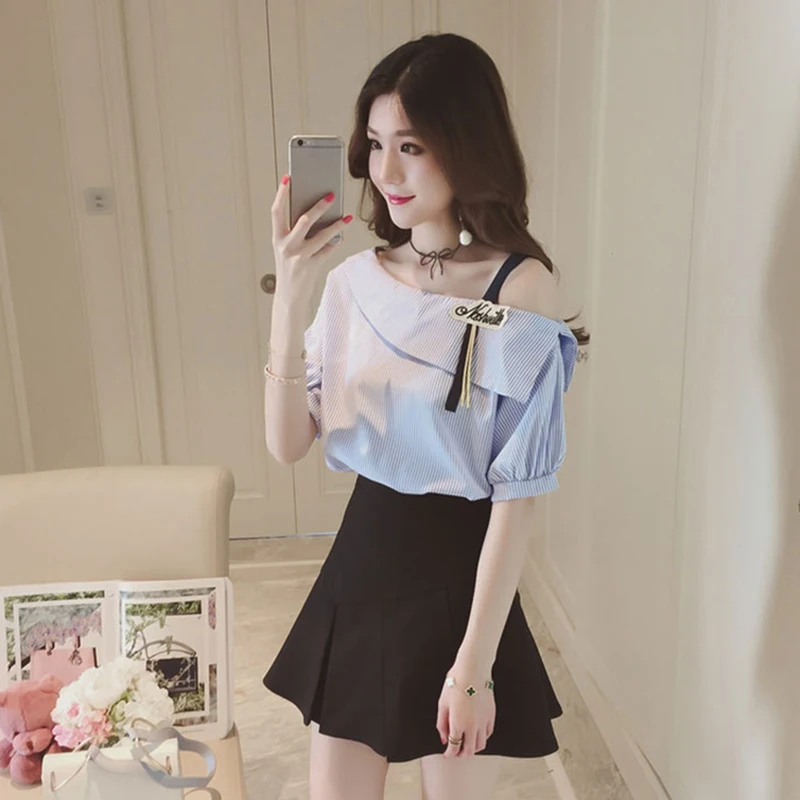 

Striped Blouse Shirt Sexy Off Shoulder Short Sleeve Ladies Summer Top Casual Shirts Korean Clothing Female Tops