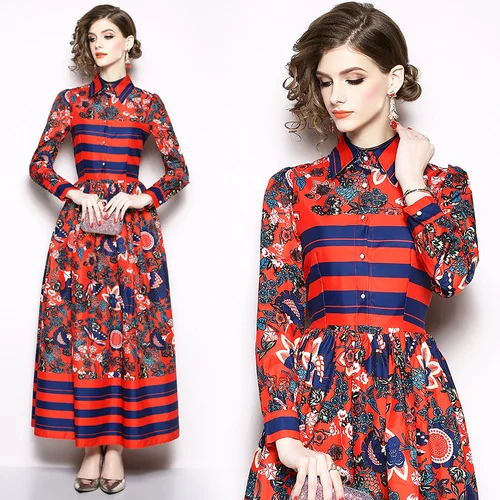 

Women long maxi dress 2018 autumn full sleeve gown floral print vintage runway dress party vestidos de festa Printed Maxi Dress